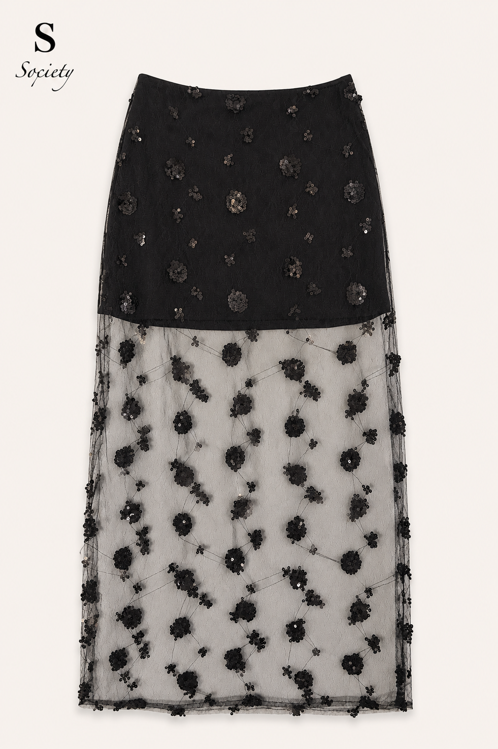 tss black mini skirt with floral lace front view
