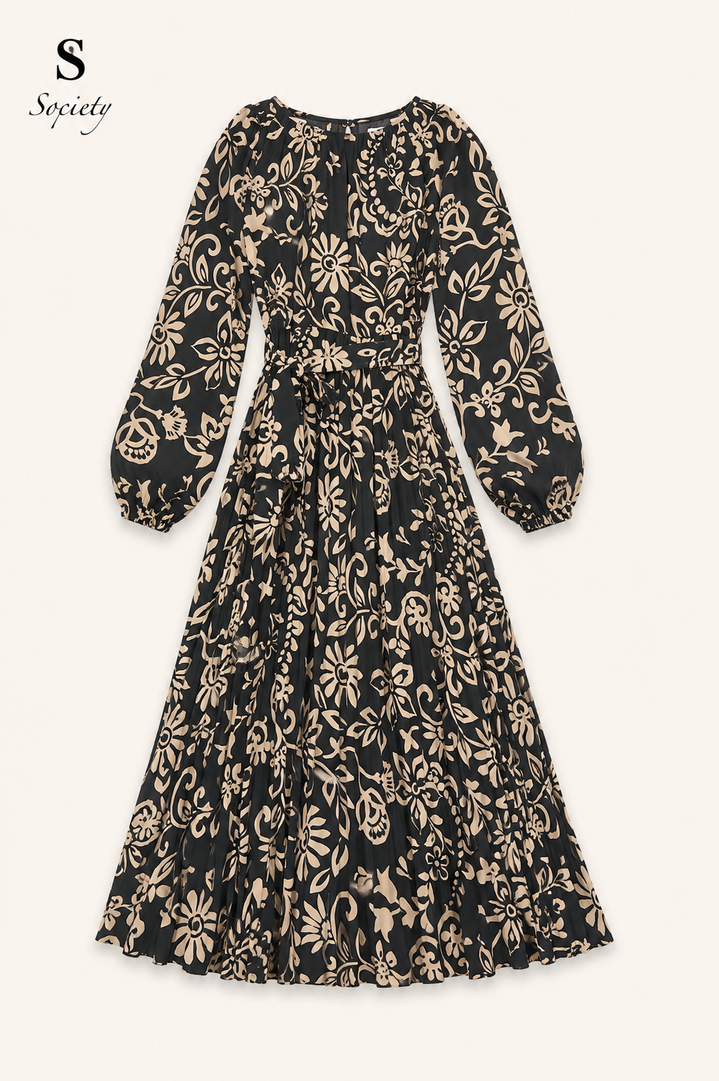 tss olive and yellow printed midi dress front view